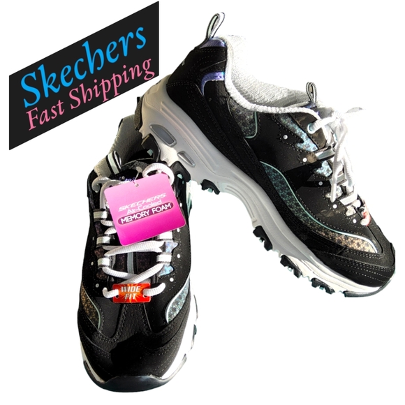 Just In!! Womens's Black and Blue SKECHERS Wide Fit Memory Foam Gym Shoes